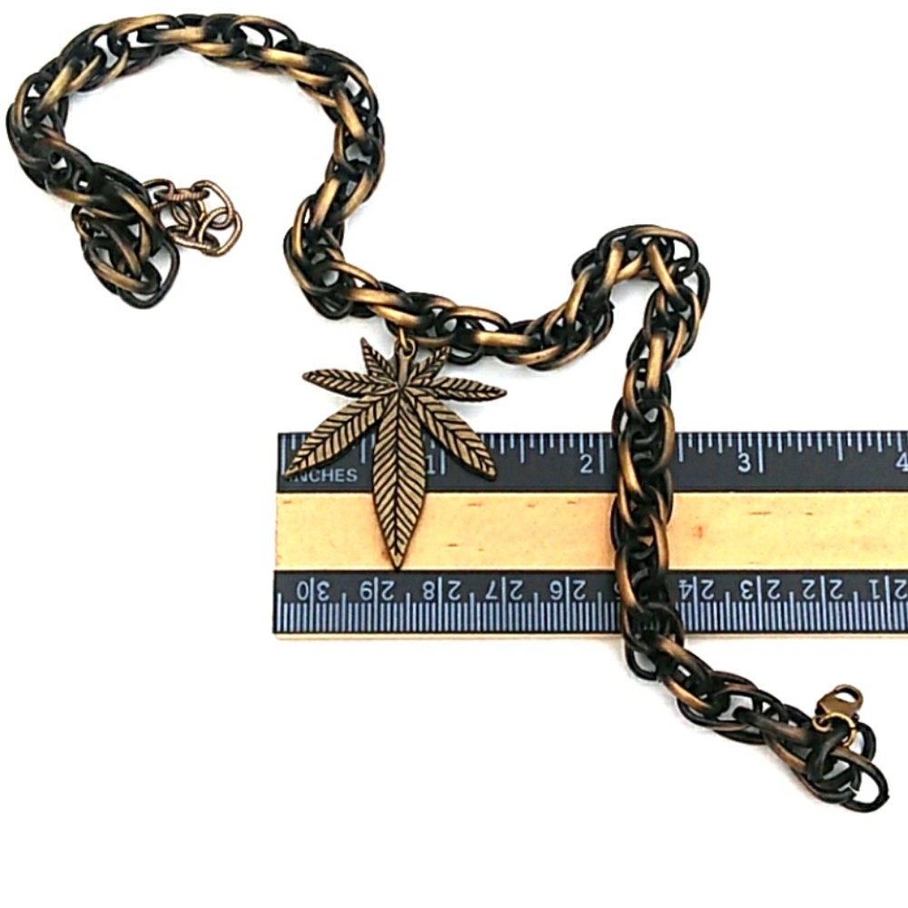 NEW Antiqued Brass Double Link Pot Leaf Necklace - Picture 7 of 8